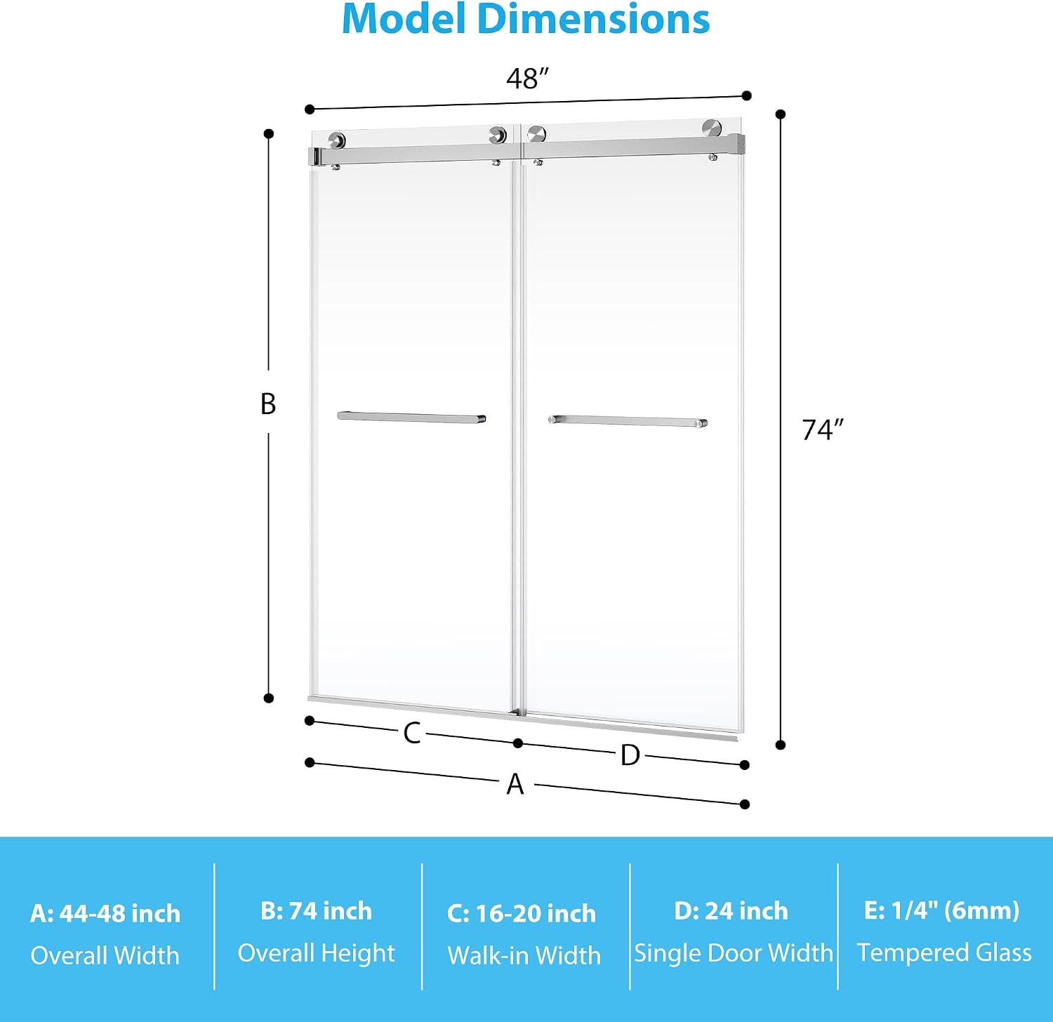 Glass Shower Door 48 Inches,44-48' W x 74' H Frameless Dual Sliding Shower Glass Door with 6mm Tempered Clear Glass and Stainless Steel Square Rail,Brushed Sliver