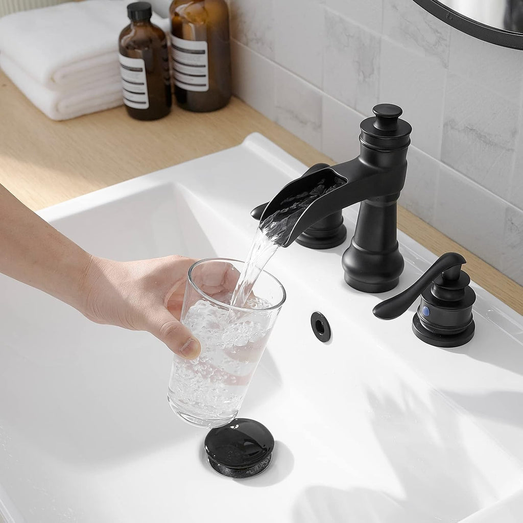 Matte Black Bathroom Faucet 3 Hole or 8 Inch Widespread Tap, 2 Handle Brass Waterfall Faucet for Bathroom Sink 3 Hole Mounted with Pop-up Drain and Supply Line