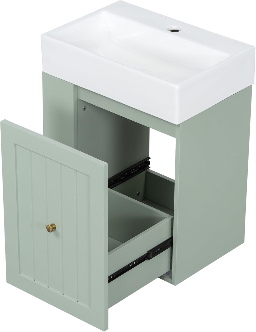20-inch Bathroom Vanity with Sink Combo, Wall-Mounted Single Storage Cabinet with One Drawer& Left 2-Tier Storage Shelves, Wooden Vanity with Ceramic Basin for Bathroom, Green
