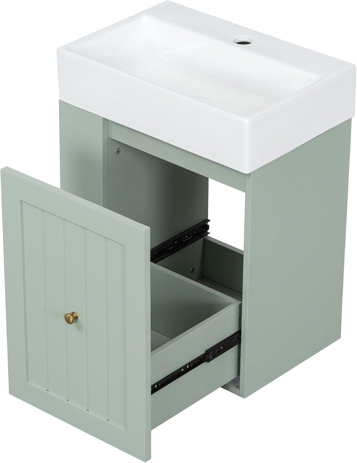 20-inch Bathroom Vanity with Sink Combo, Wall-Mounted Single Storage Cabinet with One Drawer& Left 2-Tier Storage Shelves, Wooden Vanity with Ceramic Basin for Bathroom, Green