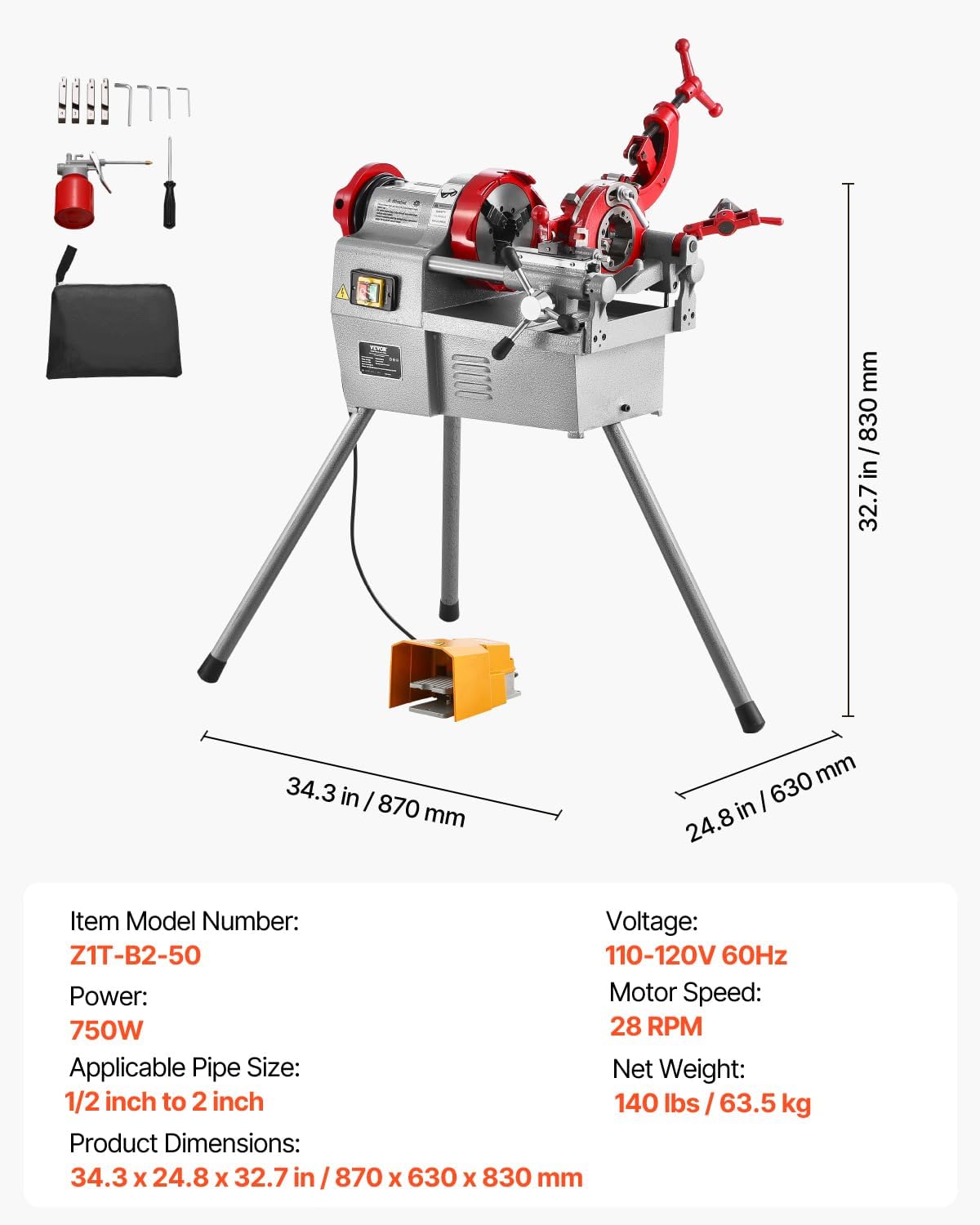VEVOR Electric Pipe Threader Machine, 750W 28RPM Threading Cutting Machine, 1/2 to 2 inch Pipes Threading Cutter Tool with Foot Pedal for Plumbing, Automotive Repairs, Metalworking