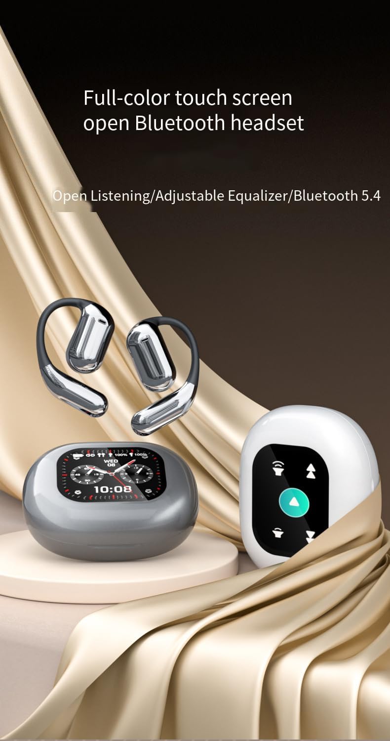 Open-Ear Wireless Earbuds Bluetooth 5.4 Headphones with Intelligent Touch Screen & Earhook, 40Hrs Playback Sport Ear Buds Earphones,Ultra-Comfort Design,Compatible with iPhone & Android,Grey