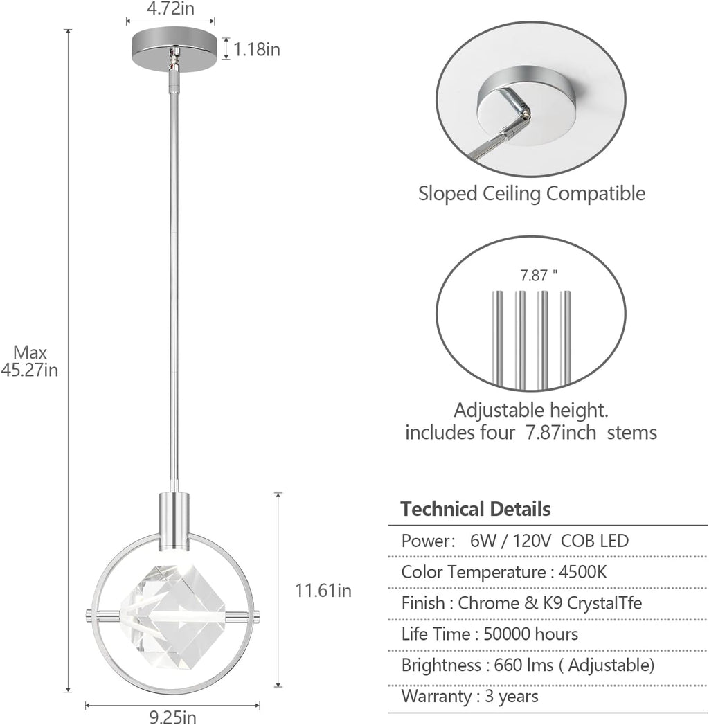 Modern Crystal Pendant Light in Chrome Mini Dimmable Integrated LED Light Fixtures Metal Rod Ceiling Chrome Chandelier for Kitchen Island Bedroom Dining Room Bar(1-Lights)