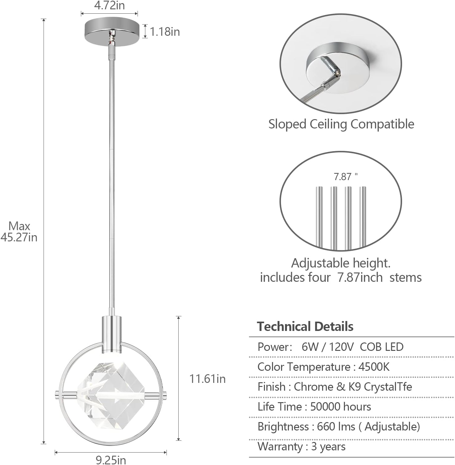 Modern Crystal Pendant Light in Chrome Mini Dimmable Integrated LED Light Fixtures Metal Rod Ceiling Chrome Chandelier for Kitchen Island Bedroom Dining Room Bar(1-Lights)