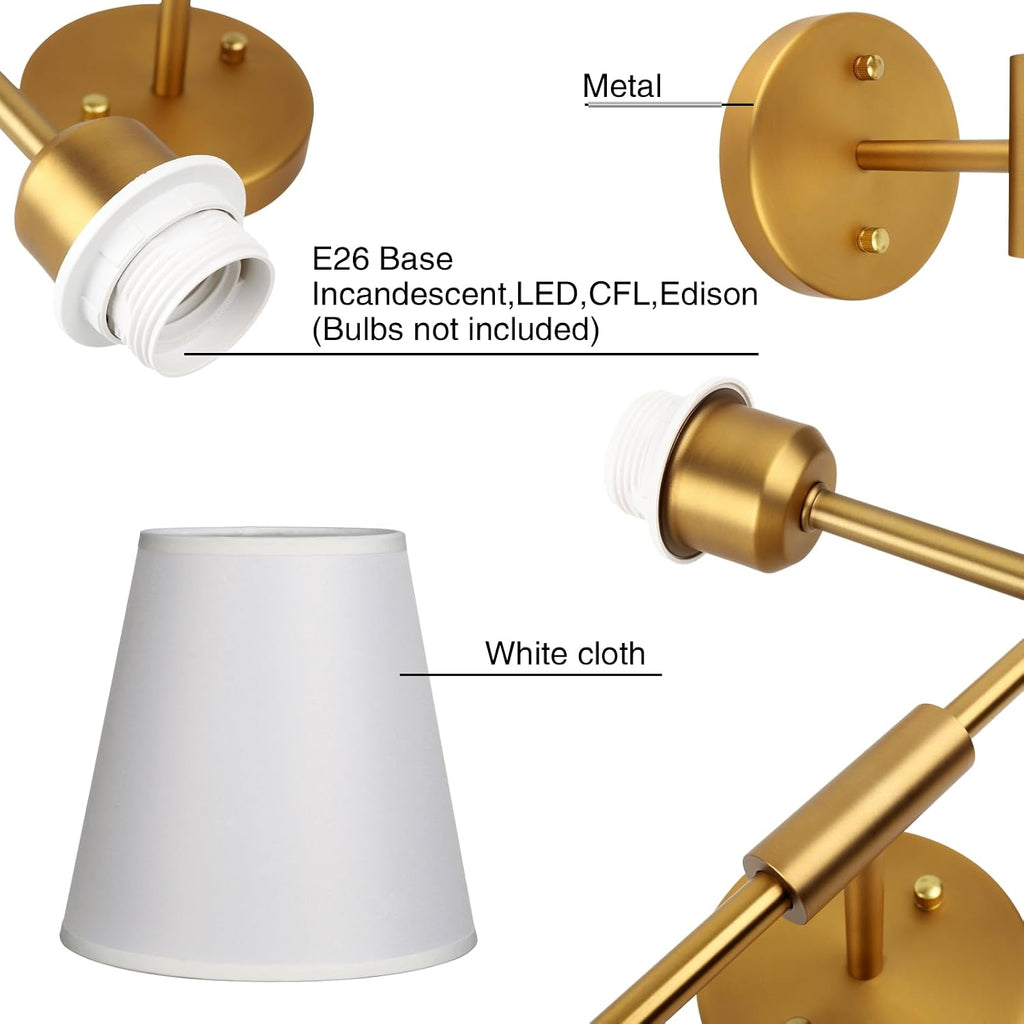 PERMO Classic Rustic Double Sconce Large 2-Lights Wall Sconce with Flared White Textile Lamp Shade and Antique Brass Finished Long Arm, Wall Sconce Light Fixture for Living Room Bathroom Bedroom