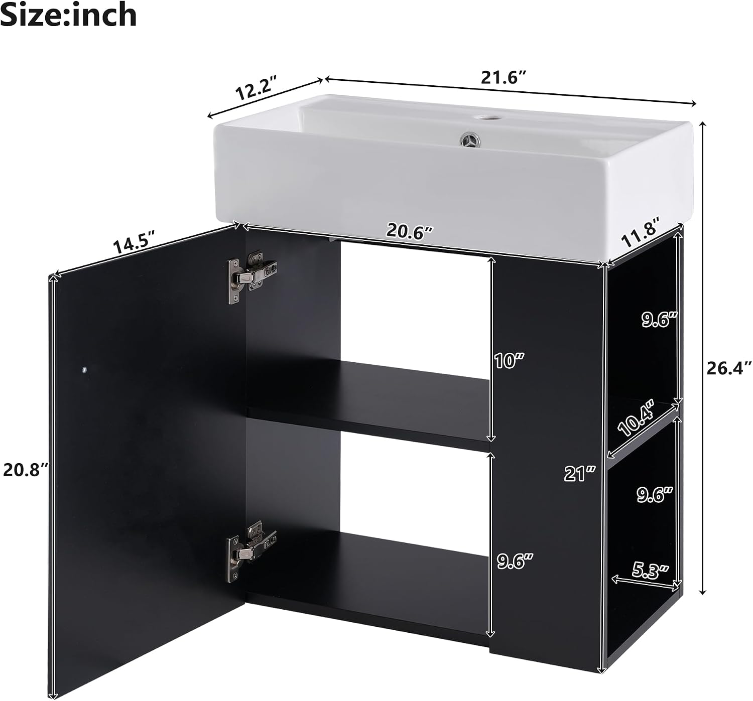 21.6-inch Bathroom Vanity with Sink, Wall-Mounted Bath Vanity Cabinet with Storage Cabinet & Right Two-Tier Shelf, Solid Wood Organizer with Ceramic Sink for Bathroom, Black