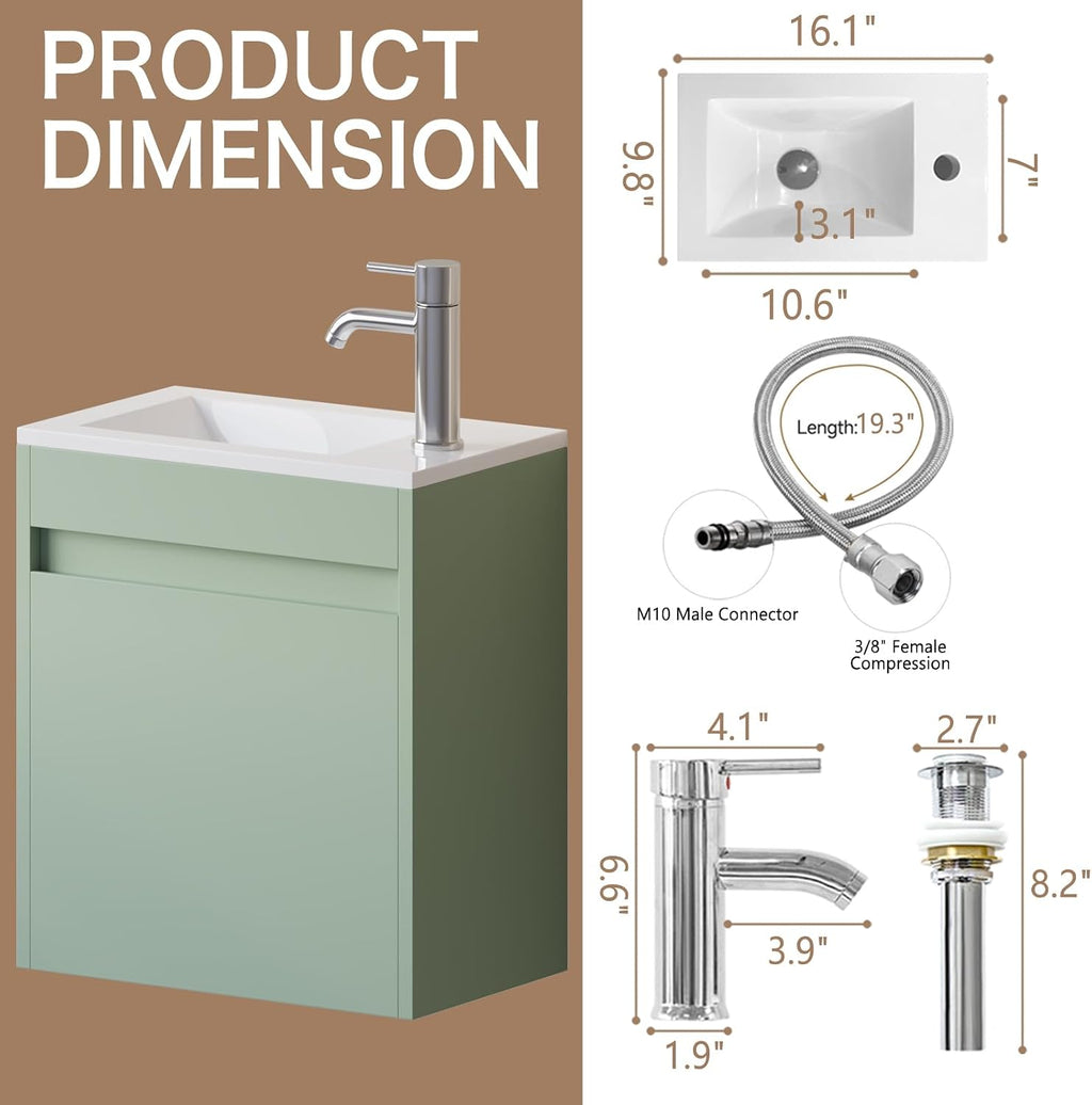 wonline 16' Small Floating Green Bathroom Vanity Sink Combo, Wall Mounted Narrow Single Cabinet with Resin Basin Sink Top, Water Saving Chrome Faucet & Pop-Up Drain