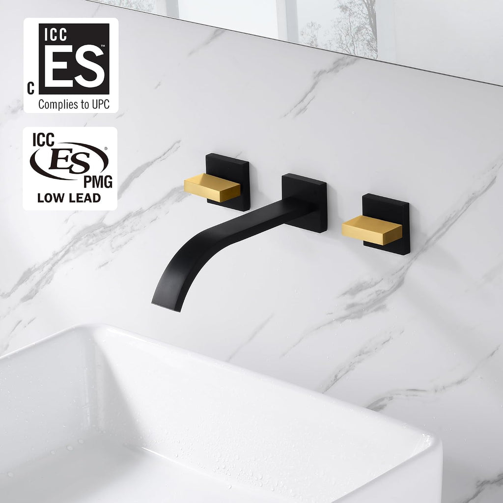 SUMERAIN Wall Mounted Faucet for Bathroom Sink Black and Gold Finish, Lavatory Basin Faucet with Two Handles and Rough in Valve
