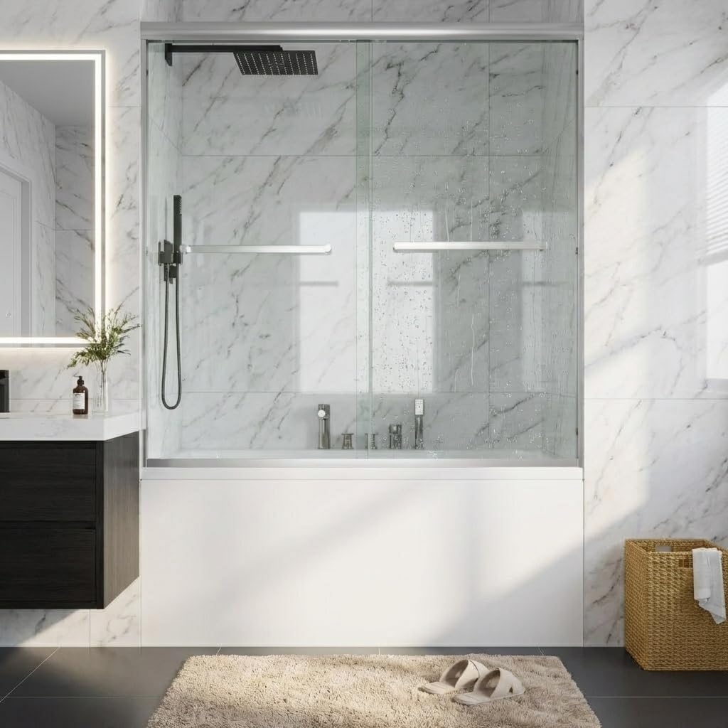 Sliding Tub Shower Door 56–60 × 59 Inch, Double Sliding Bathtub Shower Door with 6mm Tempered Glass, Brushed Finish Aluminum Frame, Easy Clean Glass Tub Door for Bathroom
