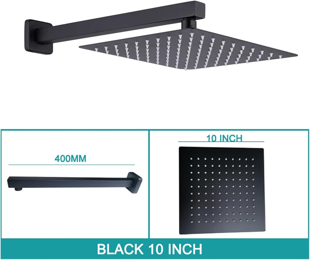 Square Wall Mounted Top Overhead Shower Bathroom Fixture Set Stainless Steel 8/10/11 Inch with Shower Arm Chrome Matt Black(Black 10 inch)