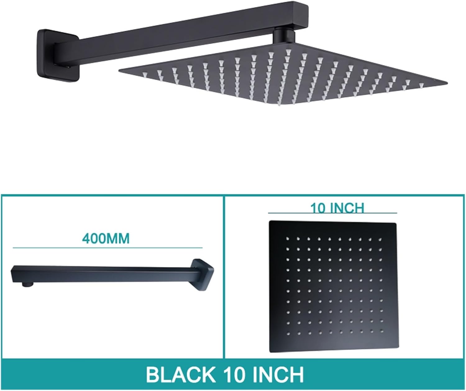 Square Wall Mounted Top Overhead Shower Bathroom Fixture Set Stainless Steel 8/10/11 Inch with Shower Arm Chrome Matt Black(Black 10 inch)