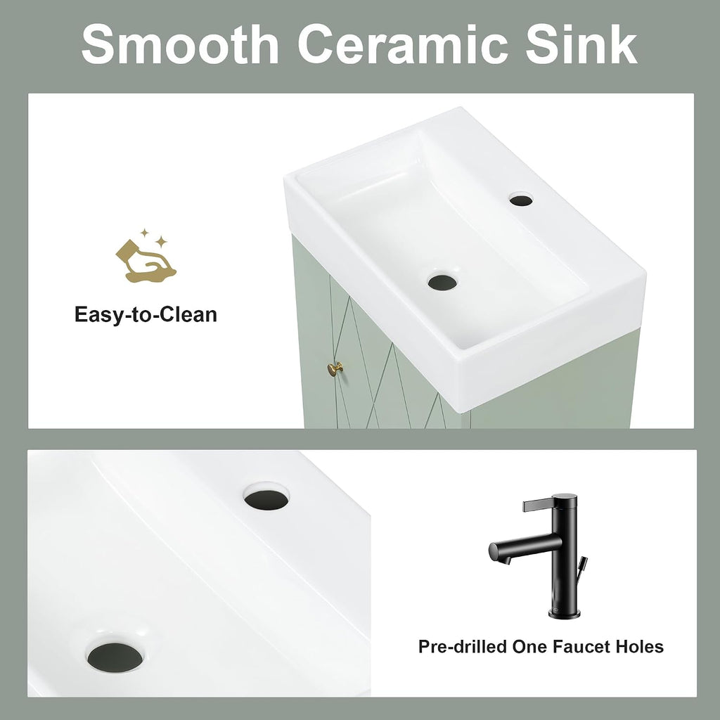 20-inch Bathroom Vanity with Sink Combo, Wall-Mounted Single Storage Cabinet with One Cabinet & Left 2-Tier Storage Shelves, Wooden Vanity with Ceramic Basin for Bathroom, Green