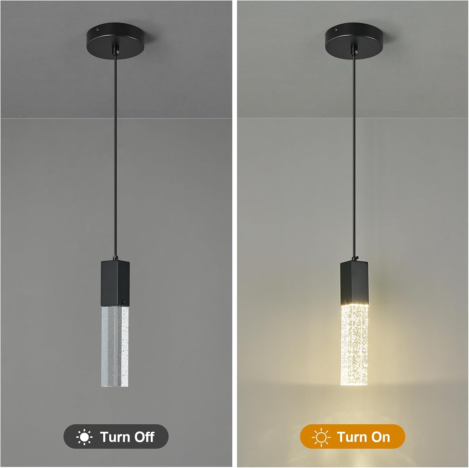 Modern Crystal Pendant Lights - Dimmable LED 4500K Black Hanging Light Fixture for Kitchen Island & Bedroom, Mini Bubble Design, 3 Pack
