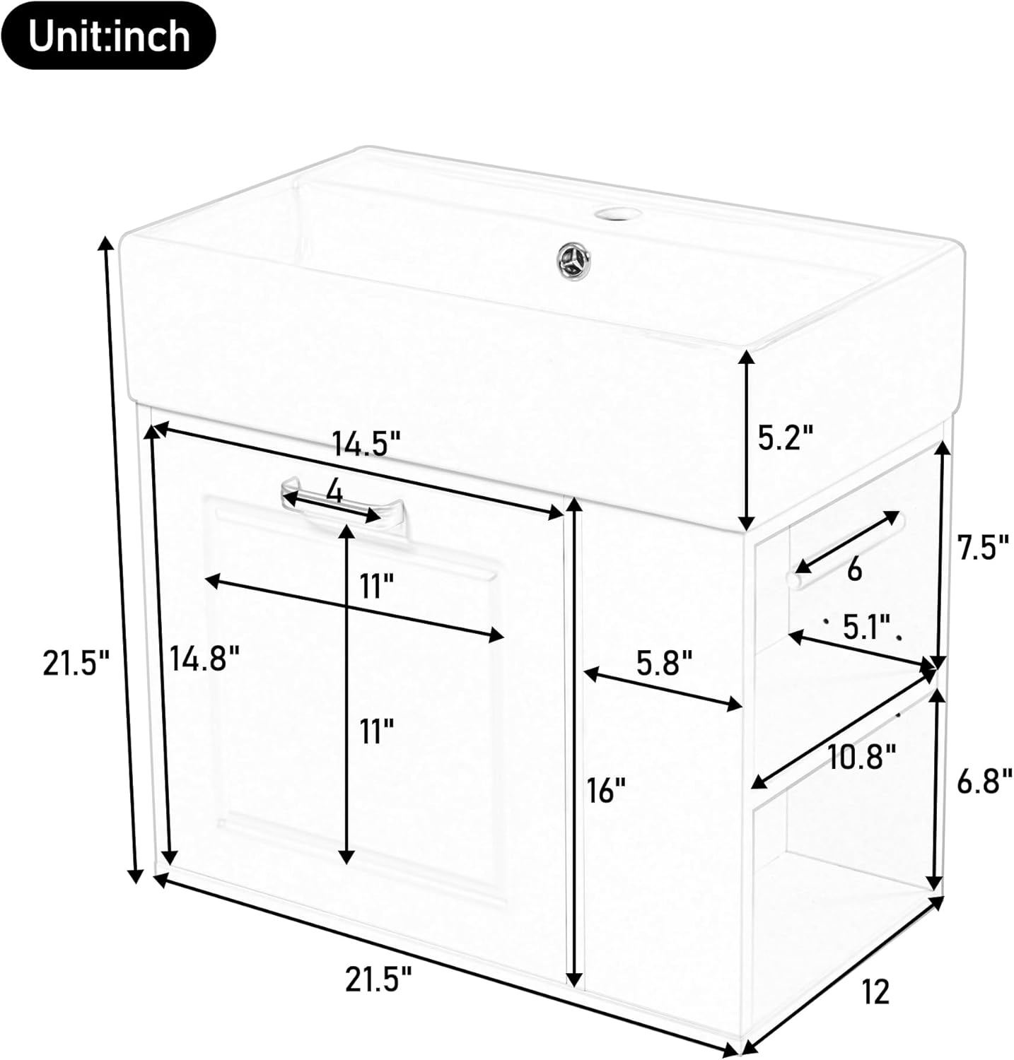 21.8-inch Bathroom Vanity with Sink, Wall-Mounted Single Storage Cabinet with One Big Drawer & Left Two-Tier Shelf, Solid Wood Vanity Organizer with Ceramic Sink for Bathroom, White