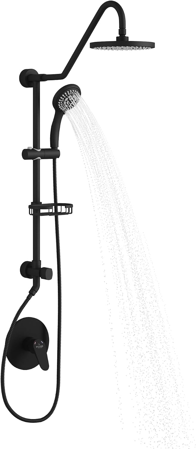 PULSE ShowerSpas Kauai III Matte Black Rain Shower Head with Handheld Spray - 2.5 GPM, 8' Showerhead, 5-Function HandShower, Adjustable Slide Bar - Shower Heads with Handheld Spray Combo