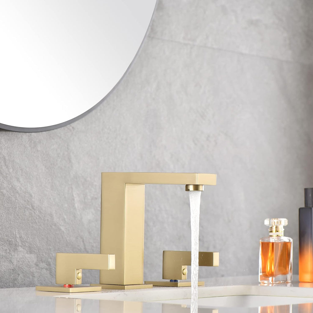 sumerain Brushed Gold 8 Inch Widespread Bathroom Faucet 2 Handle Lavatory Faucet Solid Brass, with Quick Connect Hose