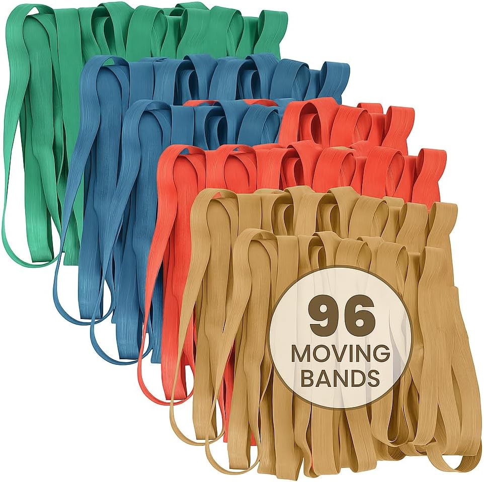 Kitchentoolz 96 Pack Moving Bands & Moving Blankets – Heavy-Duty Rubber Mover Bands in 4 Sizes – 24 Each of 25', 30', 36', 42' – Secures Furniture, Drawers, Supplies
