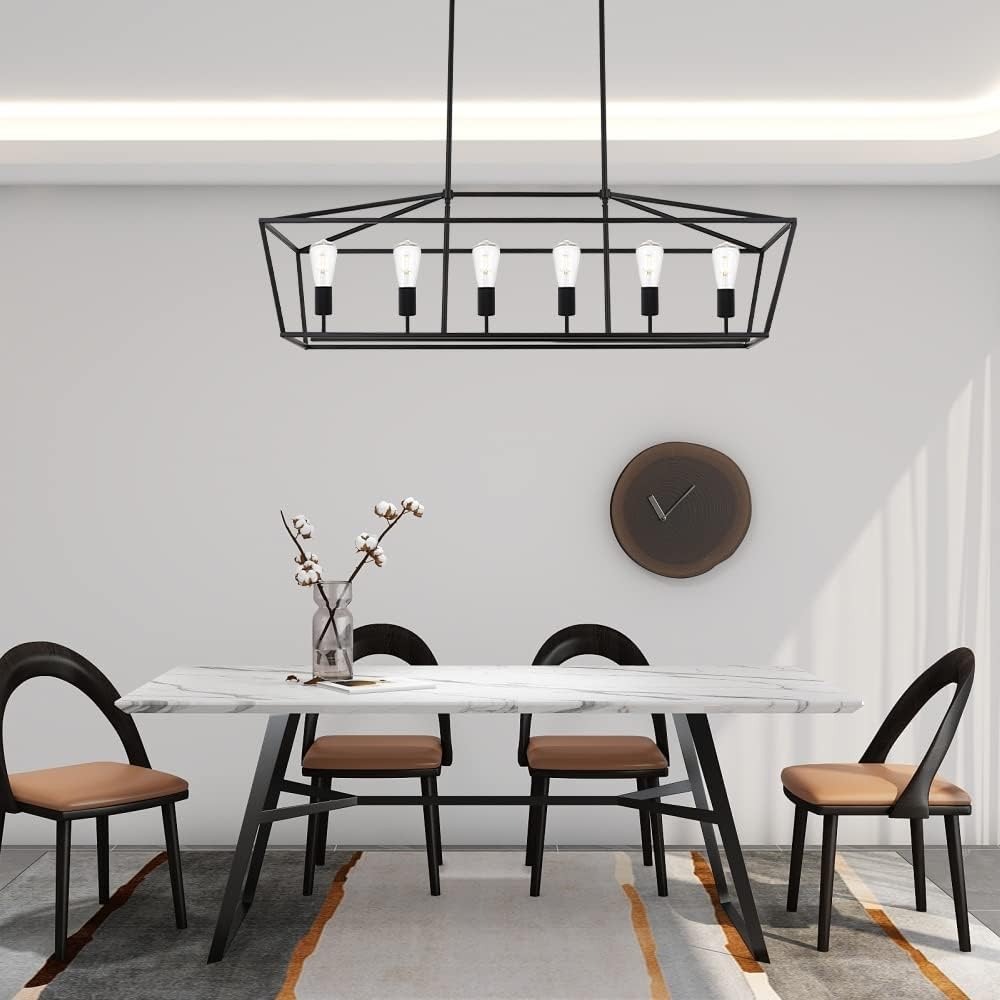 BONLICHT 6-Light Linear Farmhouse Chandelier in Matte Black Finish Industrial Kitchen Island Pendant Lighting Ceiling Hanging Lamp for Dining Room Stairway Living Room