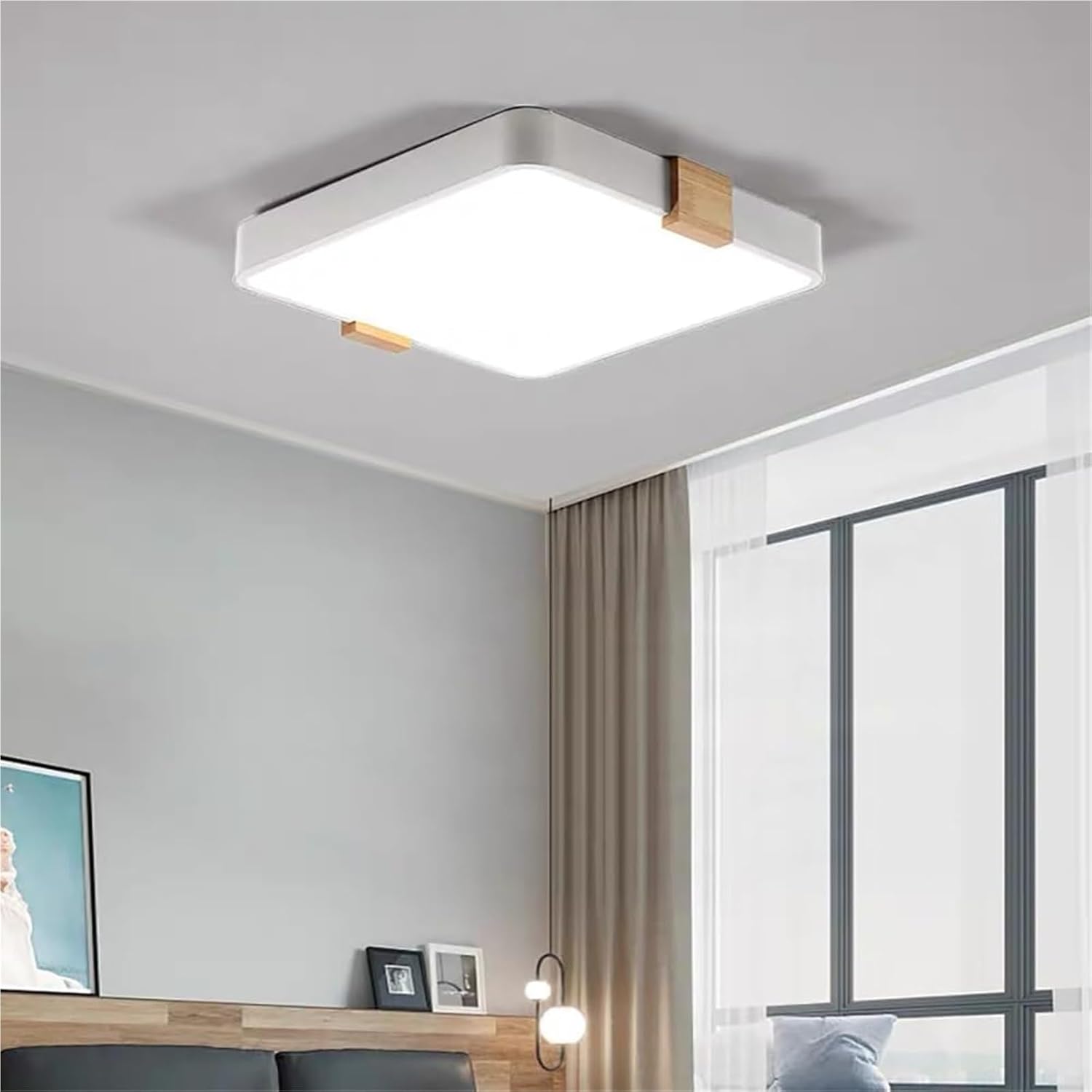 Modern Wood Ceiling Light Square LED Flush Mount Ceiling Light Minimalist Ceiling Lamp Dimmable Ceiling Lighting Fixtures for Kitchen Bedroom Bathroom(Black,15.7in)