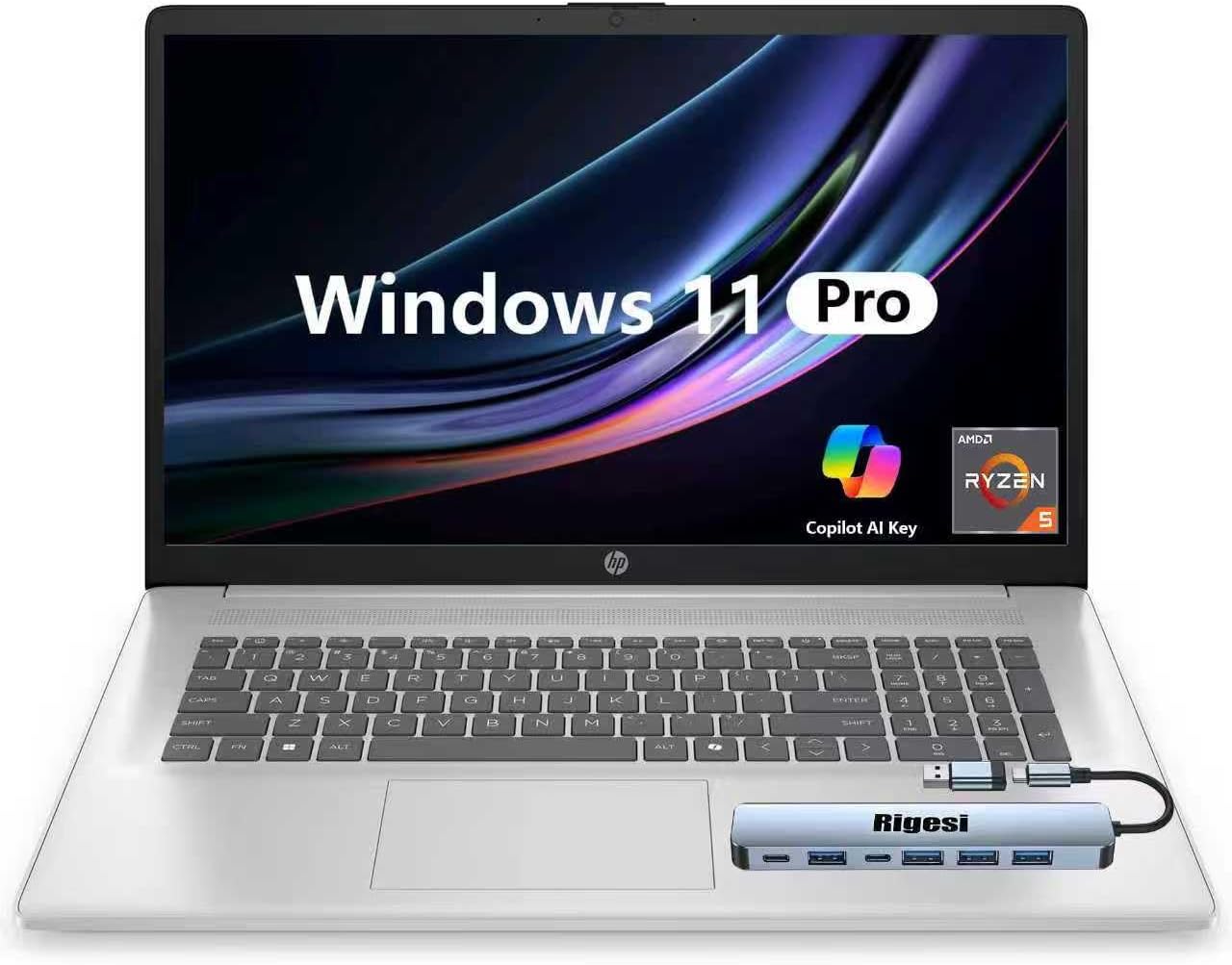 HP 2025 17 Laptop, 17.3' FHD Display, AMD Ryzen 5 Processor (Beats i7-1165G7), 32GB RAM, 1TB SSD, HDMI, Webcam, Wi-Fi 6, Windows 11 Pro, Silver with Docking Station