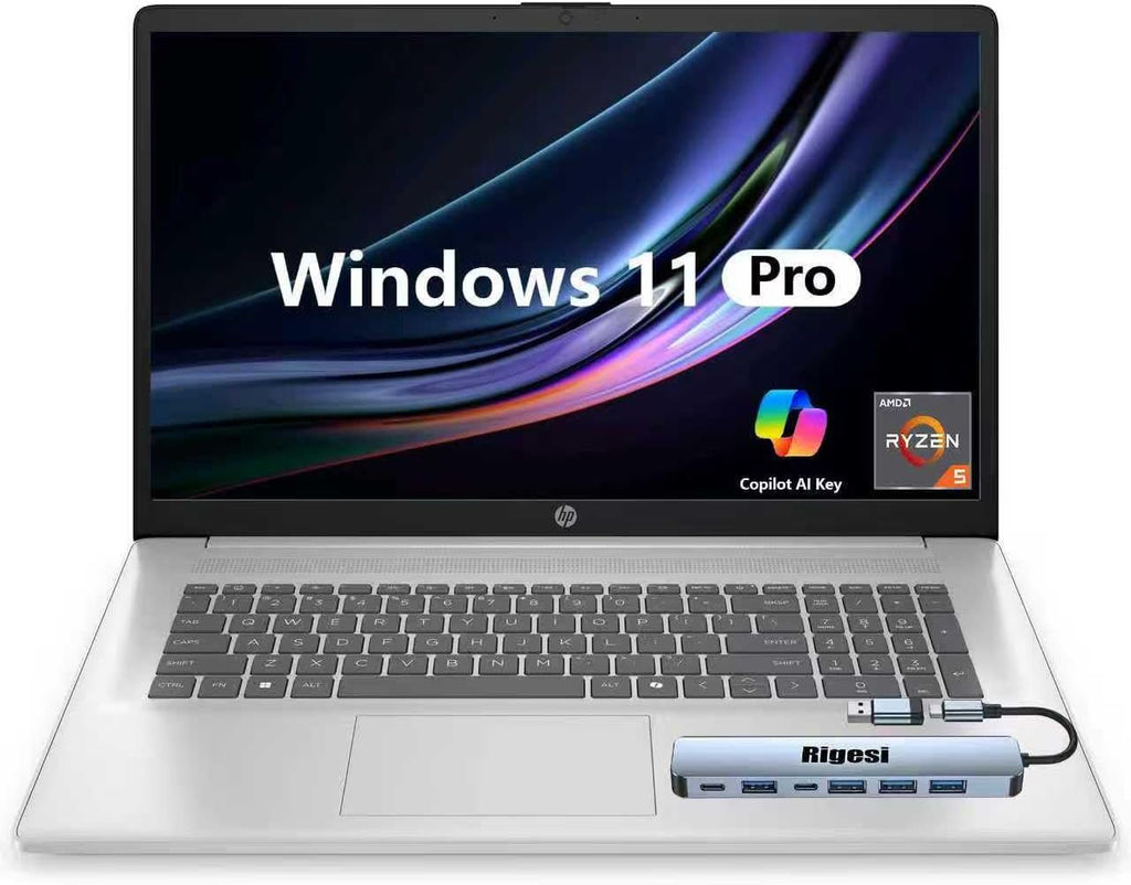 HP 2025 17 Laptop, 17.3' FHD Display, AMD Ryzen 5 Processor (Beats i7-1165G7), 8GB RAM, 256GB SSD, HDMI, Webcam, Wi-Fi 6, Windows 11 Pro, Silver with Docking Station