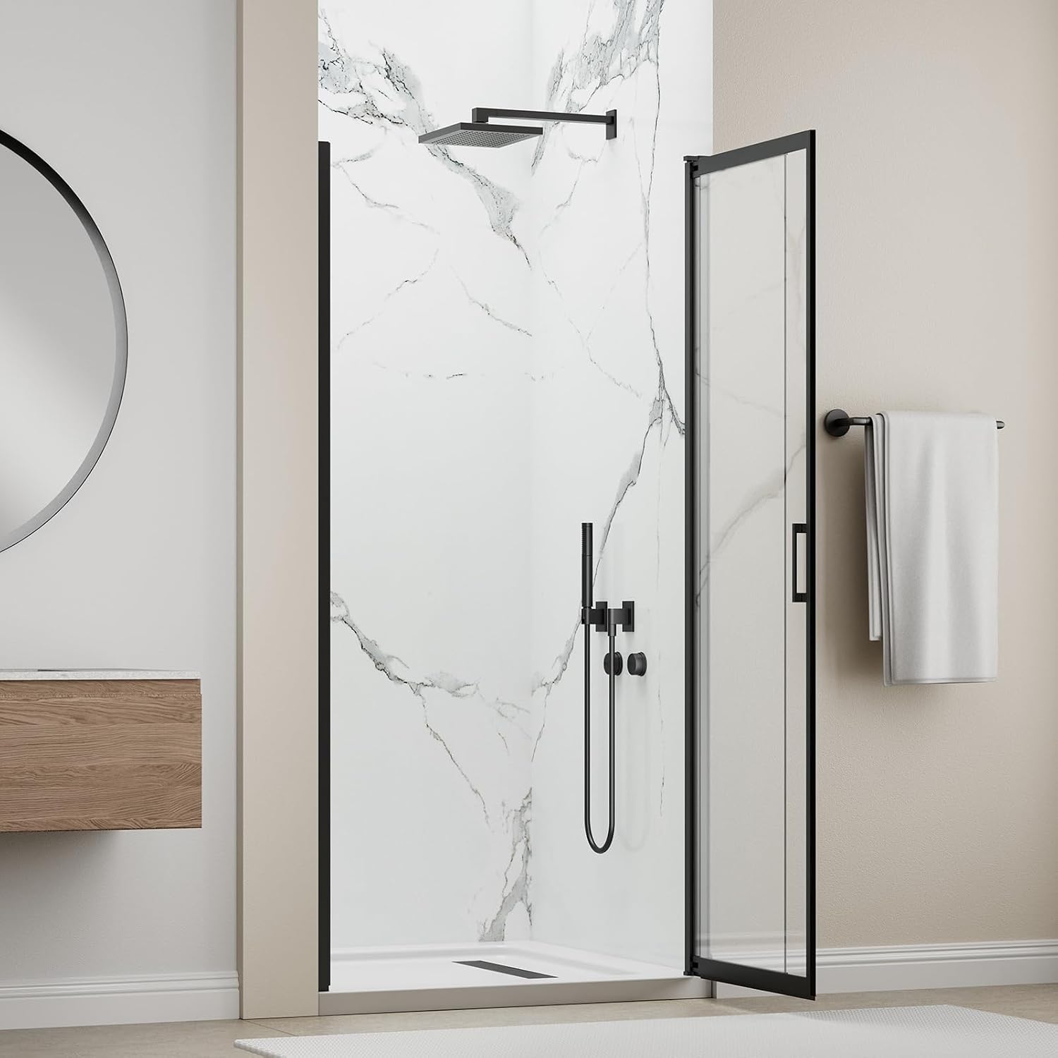 34-37' W x 72' H Pivot Swing Glass Shower Doors, 180° Rotating Retractable Bathroom Shower Door, Frameless Sliding Extended Bypass Shower Door with 3/16'(5mm) Clear SGCC Tempered Glass Matte Black
