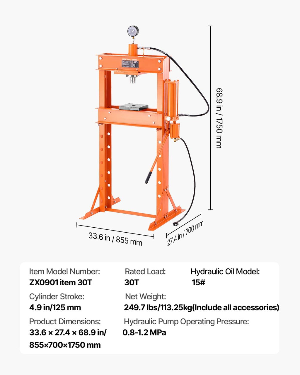 VEVOR Hydraulic Shop Press, 30 T H-Frame Pneumatic Shop Press with Press Plate & Triangular Support, Stable Garage Floor Adjustable Hydraulic Press with Relief Valve, Fit for Bending & Straightening