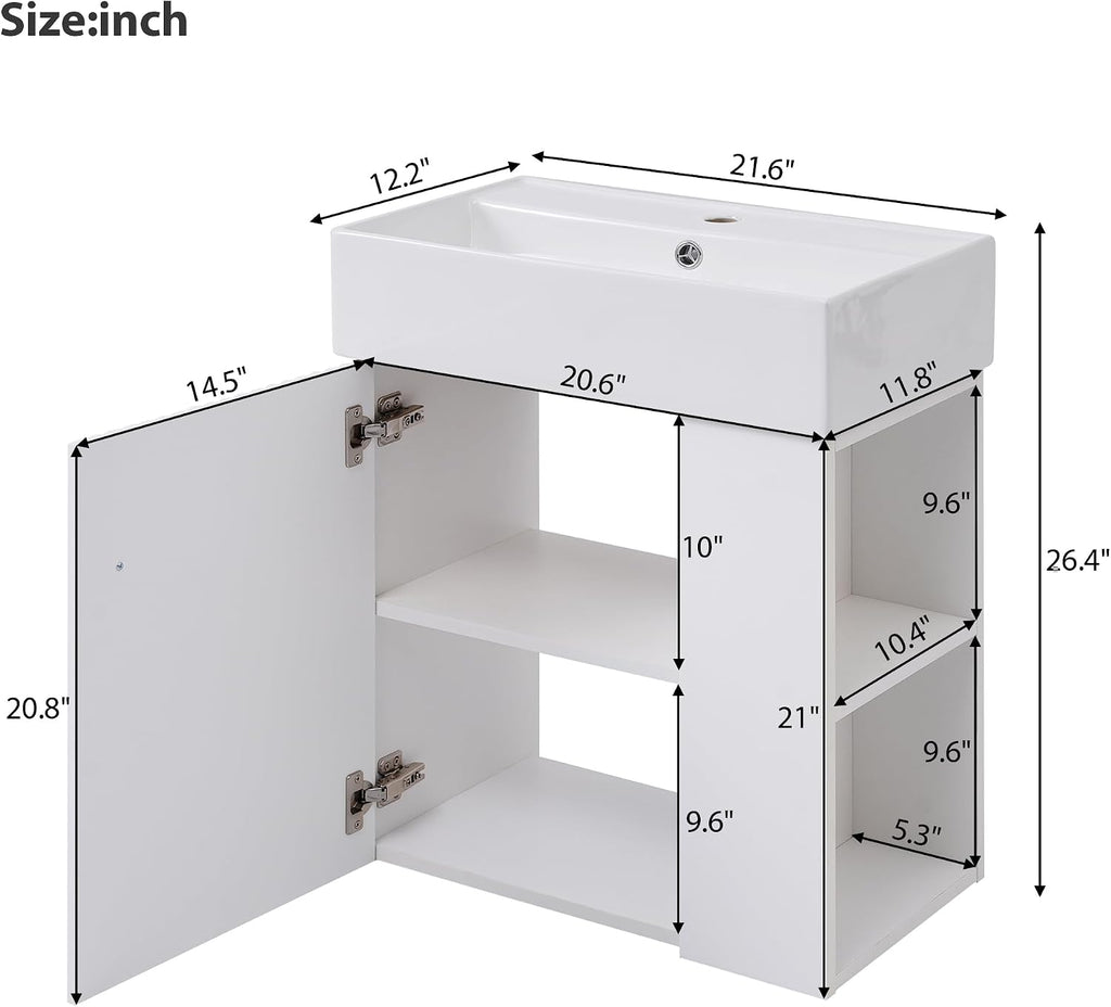 21.6-inch Bathroom Vanity with Sink, Wall-Mounted Vanity Storage Cabinet with One Door & Right Two-Tier Shelf, Solid Wood Organizer with Ceramic Sink for Bathroom, White