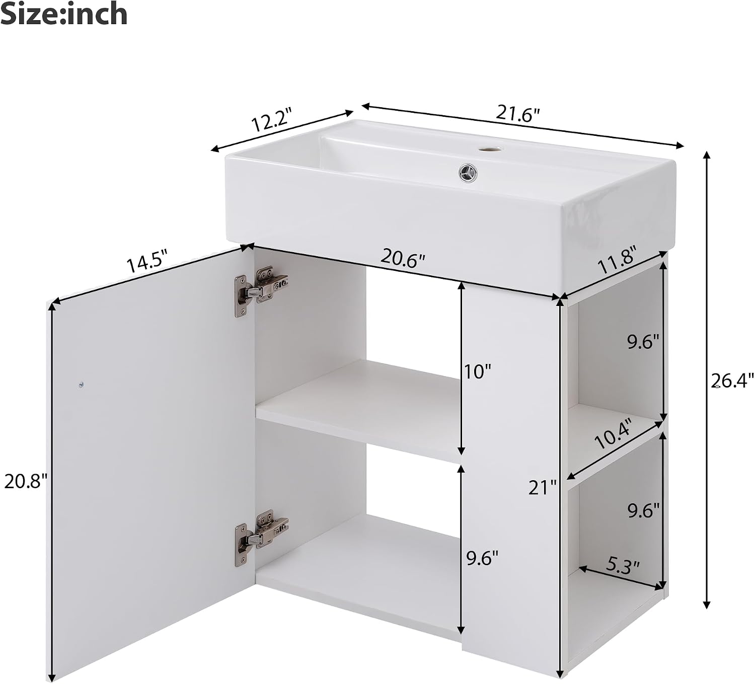 21.6-inch Bathroom Vanity with Sink, Wall-Mounted Vanity Storage Cabinet with One Door & Right Two-Tier Shelf, Solid Wood Organizer with Ceramic Sink for Bathroom, White
