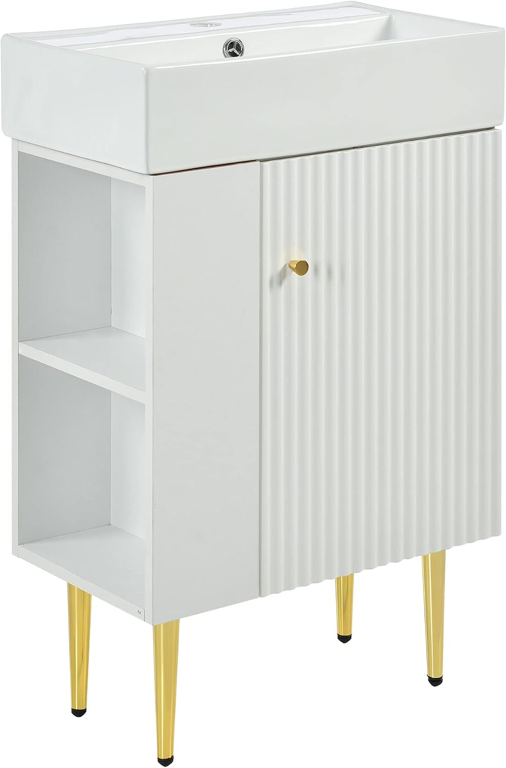 Merax 21.6' Single Sink Bathroom Vanity, Freestanding Bathroom Vanity with Open Shlef, Wood Bathroom Cabinet with Ceramic Basin Sink Top, White