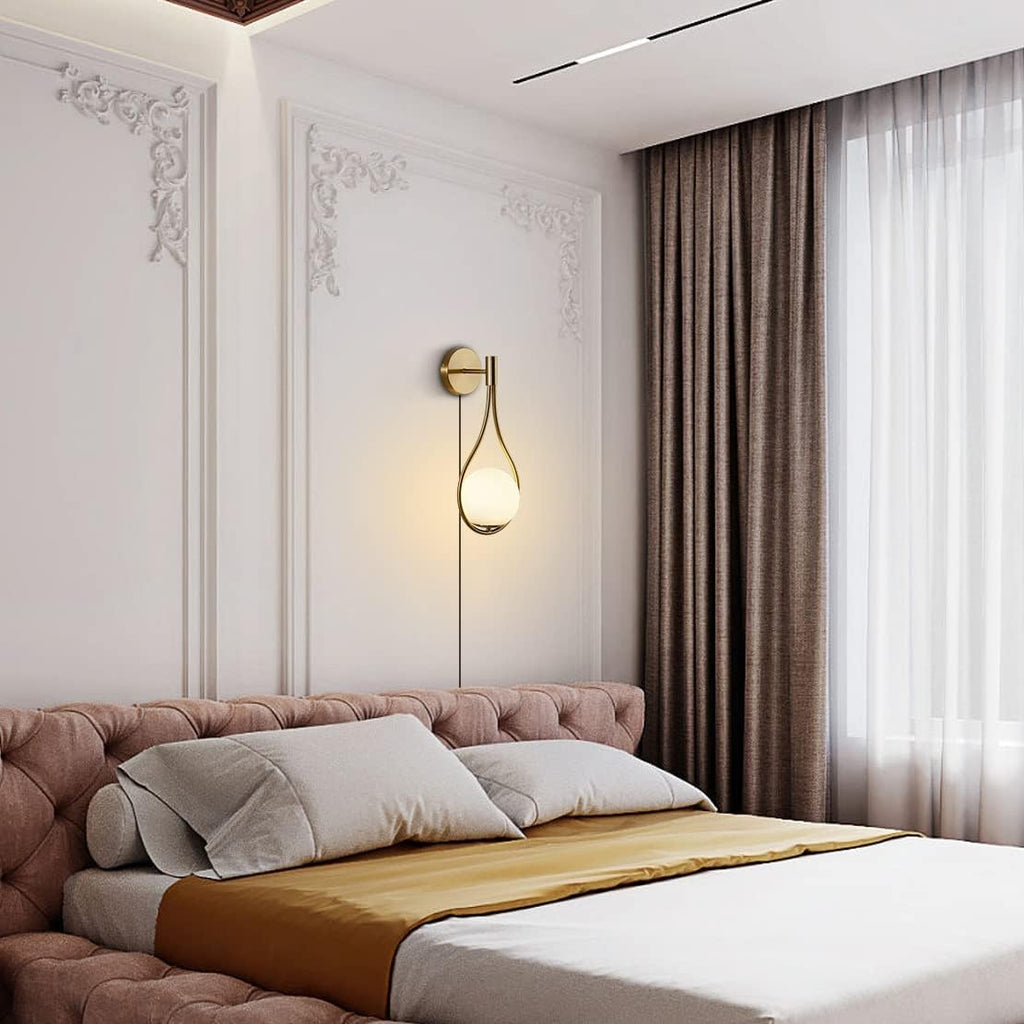 BOKT Modern Glass Wall Lamp Gold Wall Mounted Sconces,Mid-Century Bedroom Bedsides Water Drop Wall Light Home Decoration (Plug in-2Pack)…