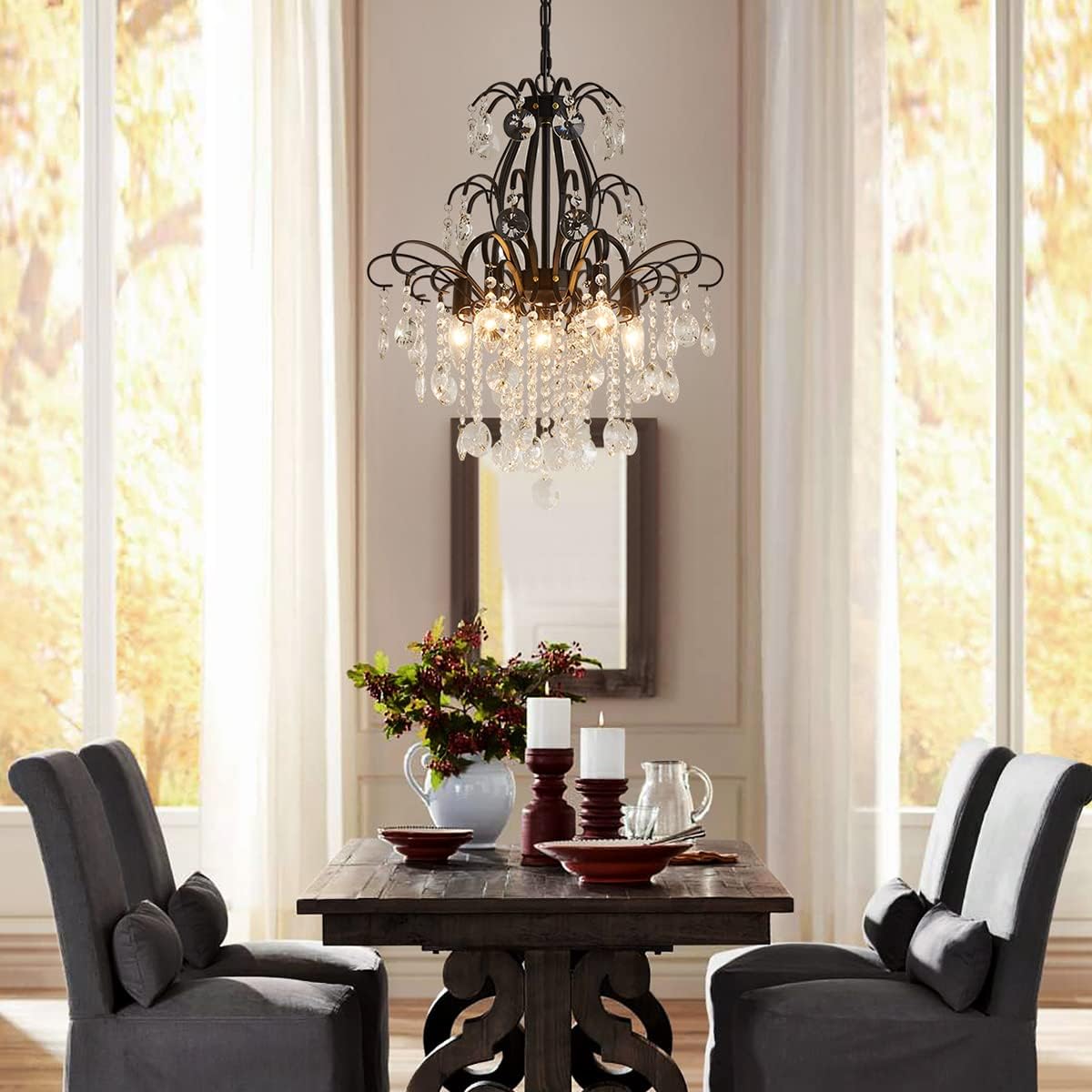 WUZUPS Crystal Chandelier 5-Light Pendant Ceiling Light Modern Lighting Fixture for Bedroom Hallway Bar Kitchen Bathroom, H 22.6'' x W 19.2'', E12 Base, Black