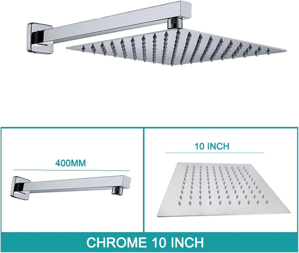Square Wall Mounted Top Overhead Shower Bathroom Fixture Set Stainless Steel 8/10/11 Inch with Shower Arm Chrome Matt Black(Chrome 10 inch)