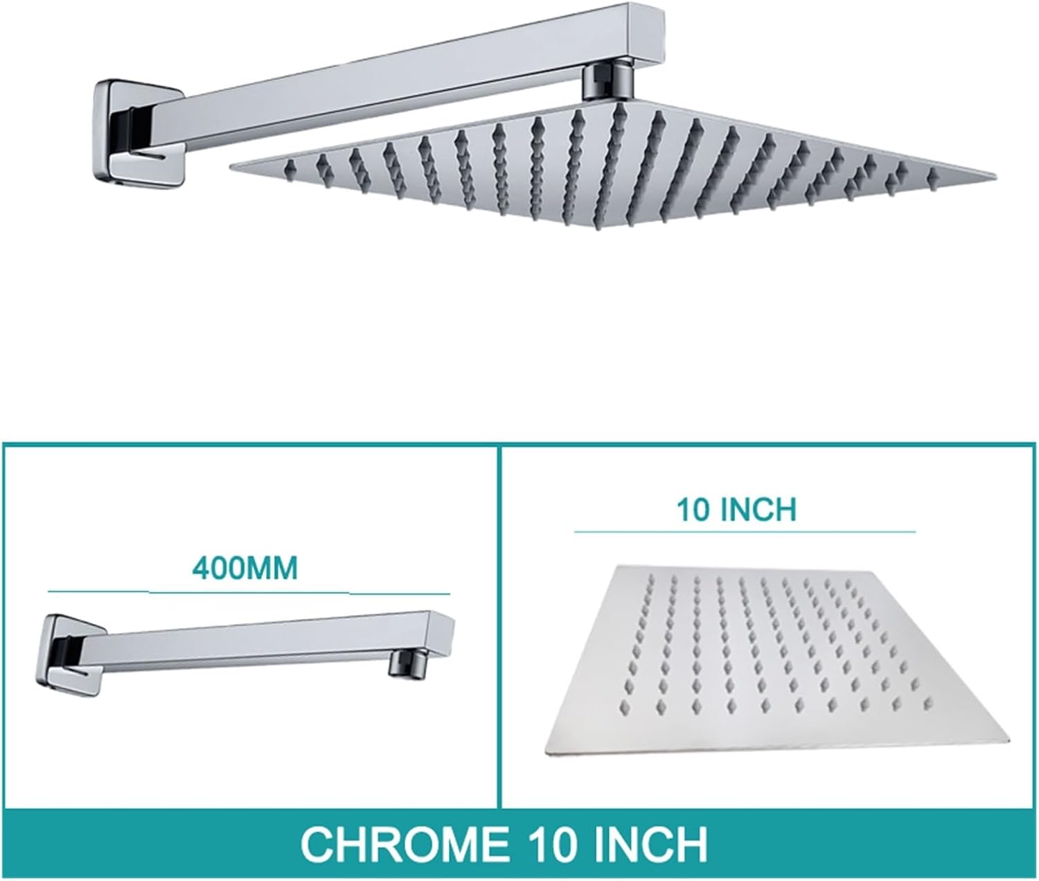 Square Wall Mounted Top Overhead Shower Bathroom Fixture Set Stainless Steel 8/10/11 Inch with Shower Arm Chrome Matt Black(Chrome 10 inch)