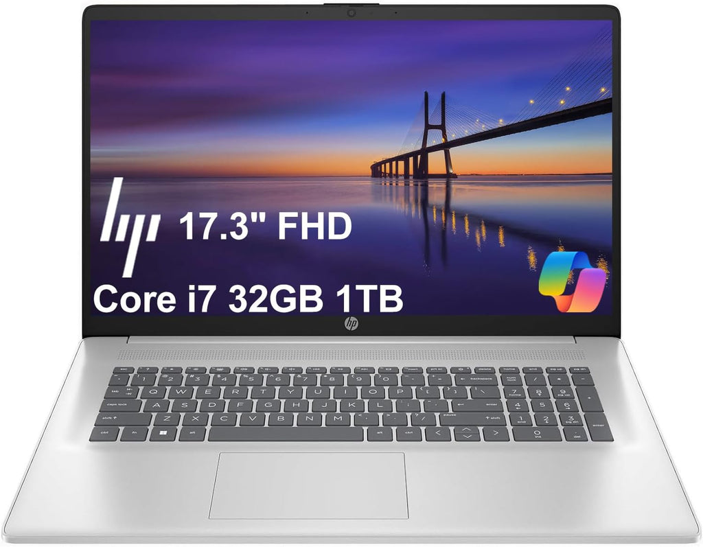 HP 17 Laptop (17.3' FHD, Intel 10-Core i7-1355U, 32GB RAM, 1TB SSD) for Business, Home, Students, Long Battery Life, Narrow Bezel, Numeric Keypad, Wi-Fi 6, Fast Charge, Webcam, Win 11 Home