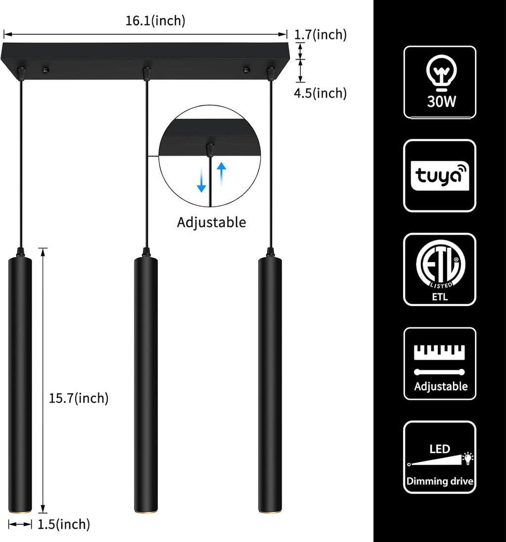 OKELI Modern Smart 3-Light Pendant Light Fixtures Square Pendant Lights Kitchen Island LED Minimalist Pendant Lighting Fixture for Kitchen,Dinning Room,Bedroom,Hallway,Bar