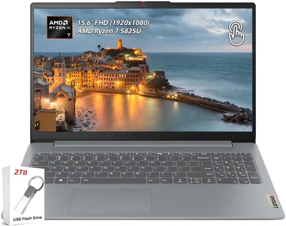 Lenovo IdeaPad Slim 3 Laptop – 15.6' Full HD Touchscreen, AMD Ryzen 7 5825U, 16GB RAM 512GB SSD, AMD Radeon Graphics, Bluetooth, Wi-Fi6, Webcam, Windows 11, Arctic Grey, w/2TB USB Drive, W/GaLiMu