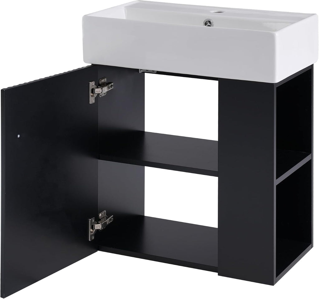21.6-inch Bathroom Vanity with Sink, Wall-Mounted Bath Vanity Cabinet with Storage Cabinet & Right Two-Tier Shelf, Solid Wood Organizer with Ceramic Sink for Bathroom, Black