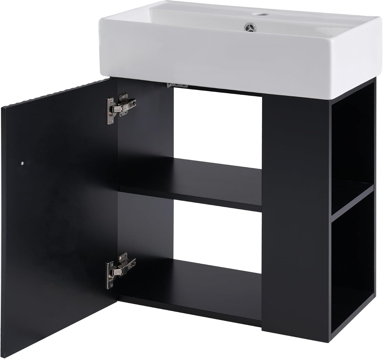 21.6-inch Bathroom Vanity with Sink, Wall-Mounted Bath Vanity Cabinet with Storage Cabinet & Right Two-Tier Shelf, Solid Wood Organizer with Ceramic Sink for Bathroom, Black