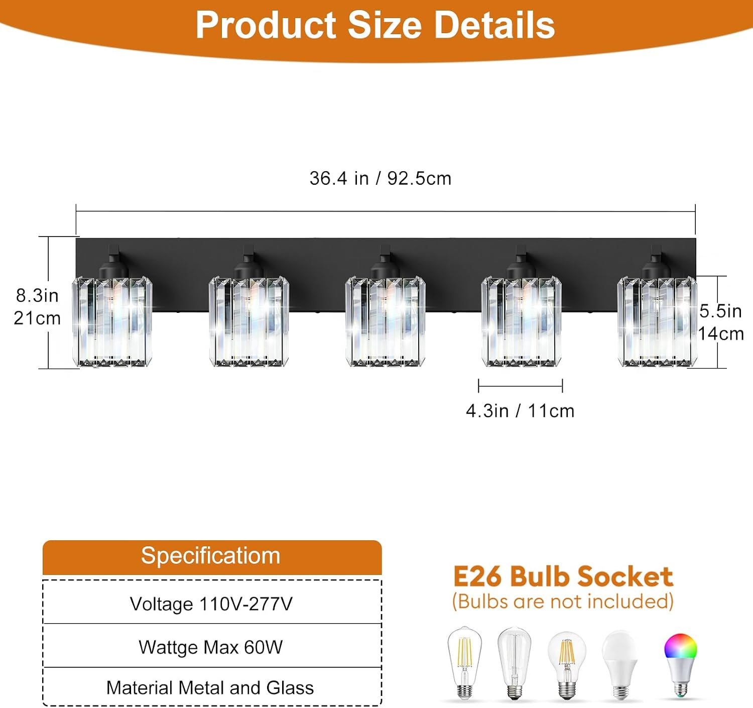 Black Crystal Bathroom Vanity Light, 5-Light Modern Bathroom Lighting Fixtures Over Mirror, Matte Black Wall Sconce Light Fixtures with Square Shade