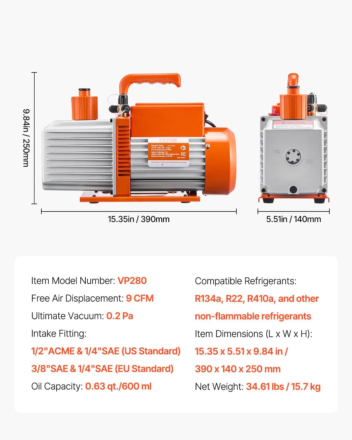 VEVOR Vacuum Pump, 9 CFM, HVAC 2 Stage Rotary Vane Vacuum Pump, for R134a R22 R410a Systems, Auto AC Vacuum Pump Kit with Oil Bottle, for Automotive Air Conditioner Maintenance Resin Degassing