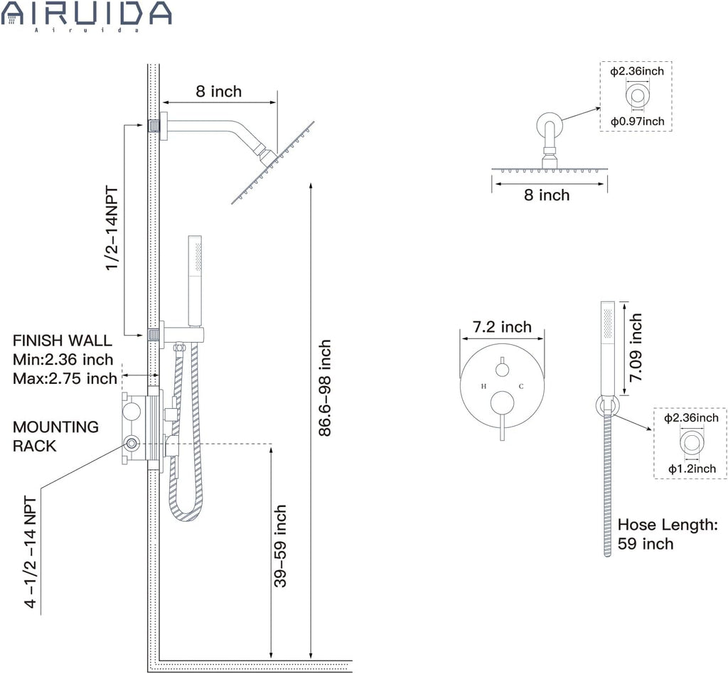 Airuida Shower Faucet Set, Bathtub Faucet Set with 8 Inch Rain Shower Head and Valve,2 Functions Tub Shower Faucet Set for Bathroom-Matte Black