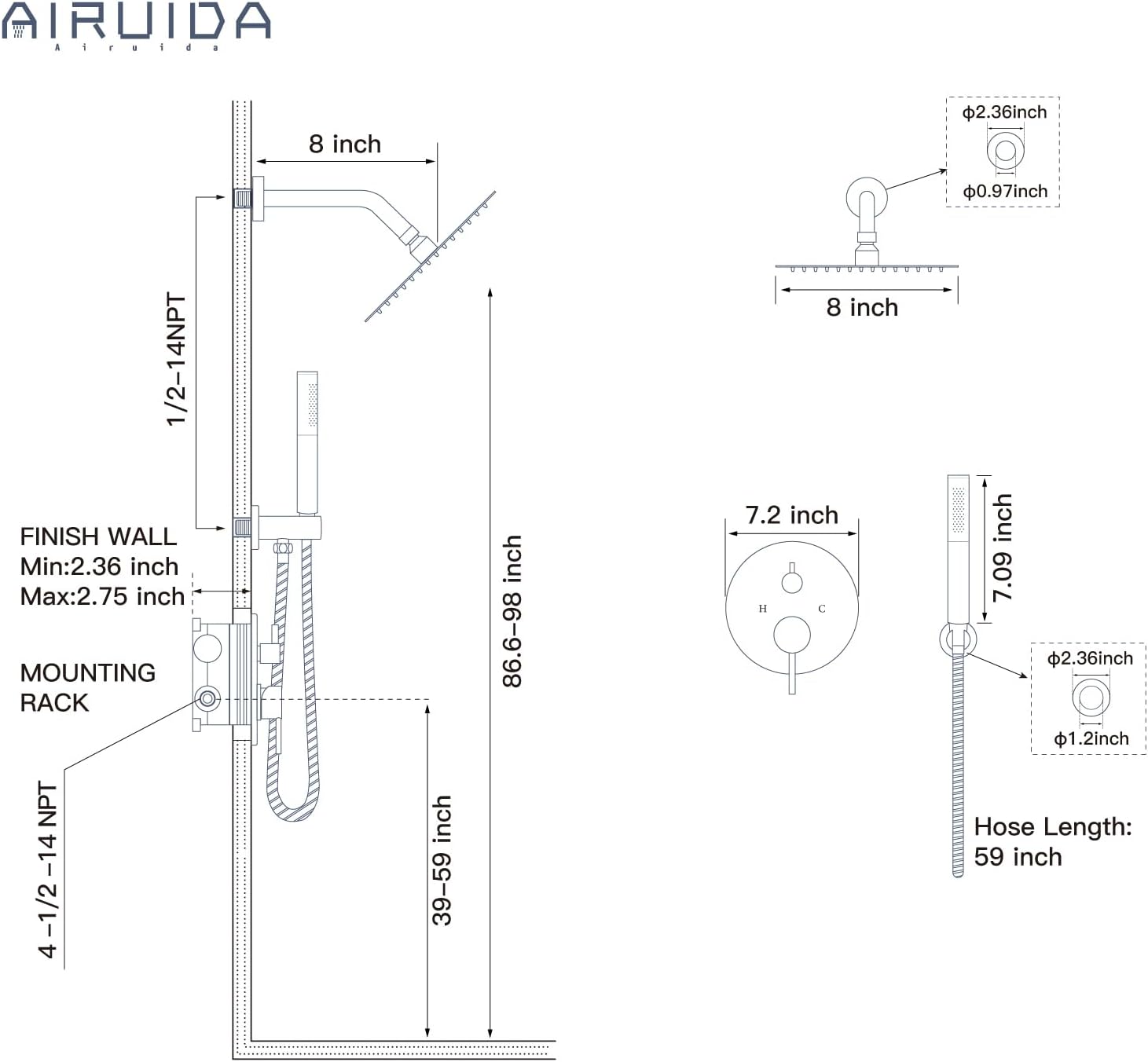Airuida Shower Faucet Set, Bathtub Faucet Set with 8 Inch Rain Shower Head and Valve,2 Functions Tub Shower Faucet Set for Bathroom-Matte Black