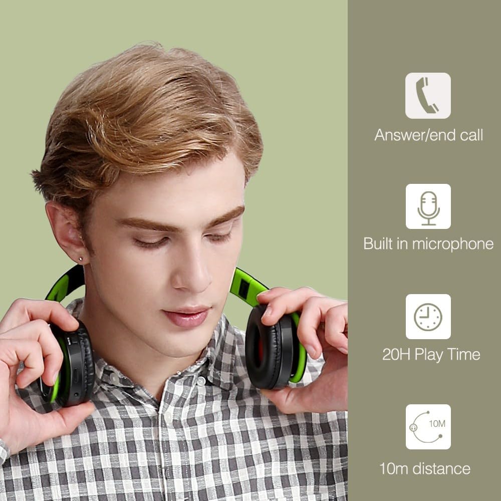 Bluetooth Headphones, Chat- Comfortable Over Ear Stereo Headphsets with Mic, Soft Earmuffs/Foldable/SD/TF, 20H Playtime, Great for Music/OFC/Tour/Gym/Game (20pcs Green Colors)