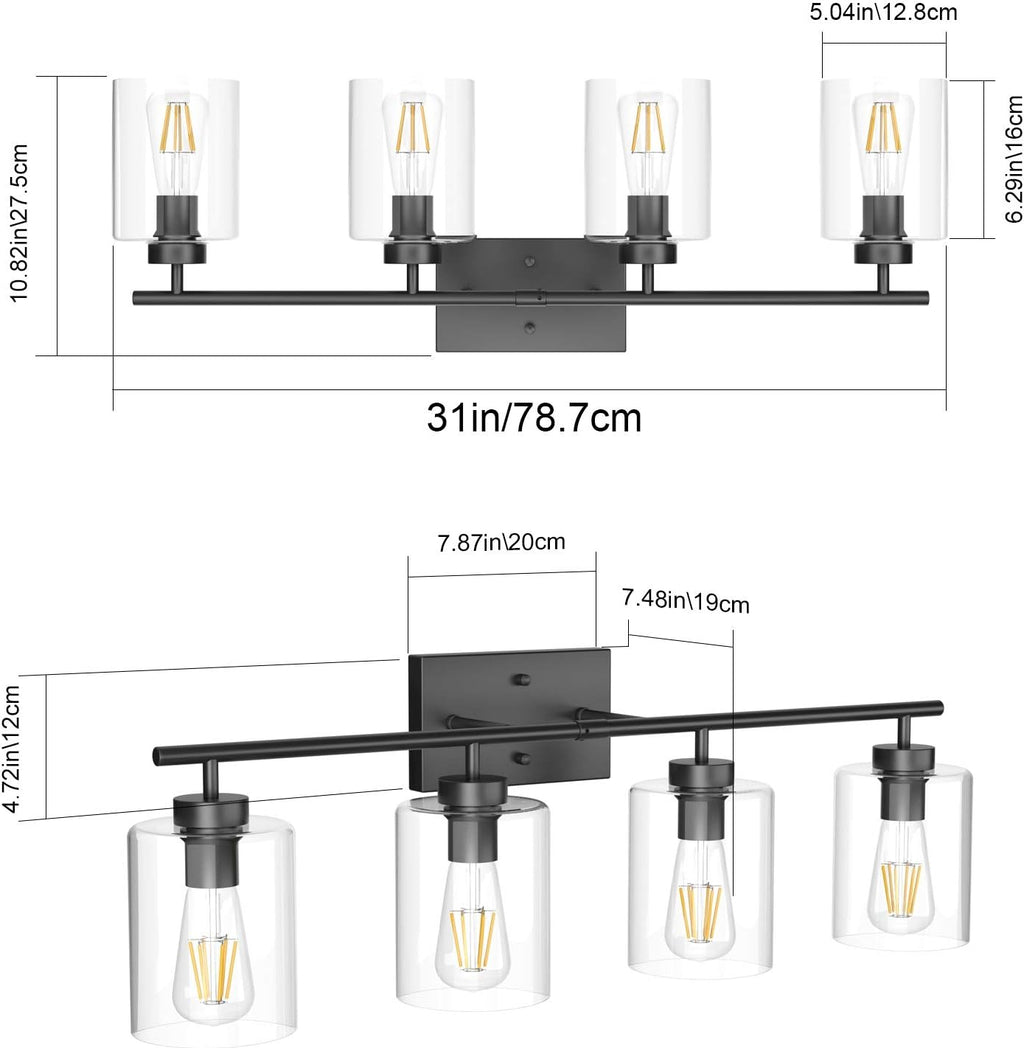 Aipsun 4 Lights Black Bathroom Vanity Light Over Mirror with Clear Glass Shades Industrial Bathroom Light Fixtures (Exclude Bulb)