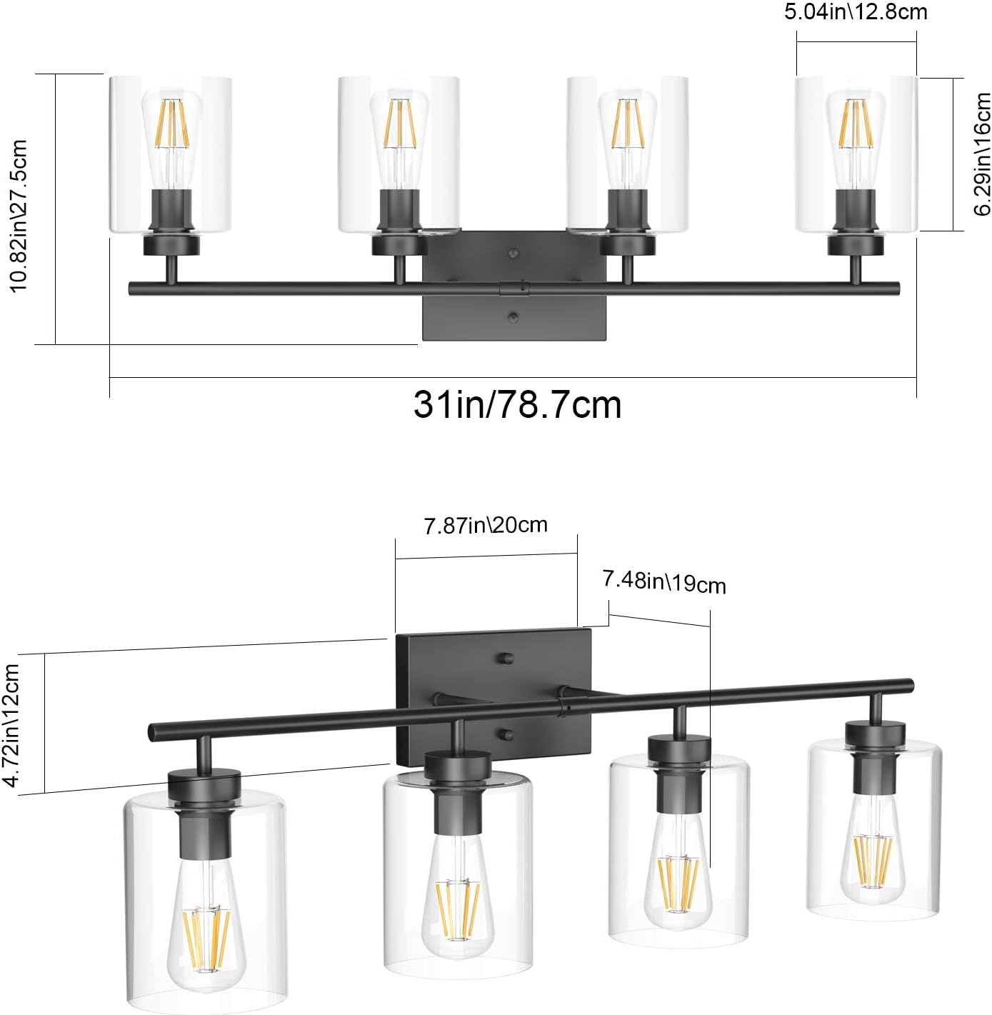 Aipsun 4 Lights Black Bathroom Vanity Light Over Mirror with Clear Glass Shades Industrial Bathroom Light Fixtures (Exclude Bulb)
