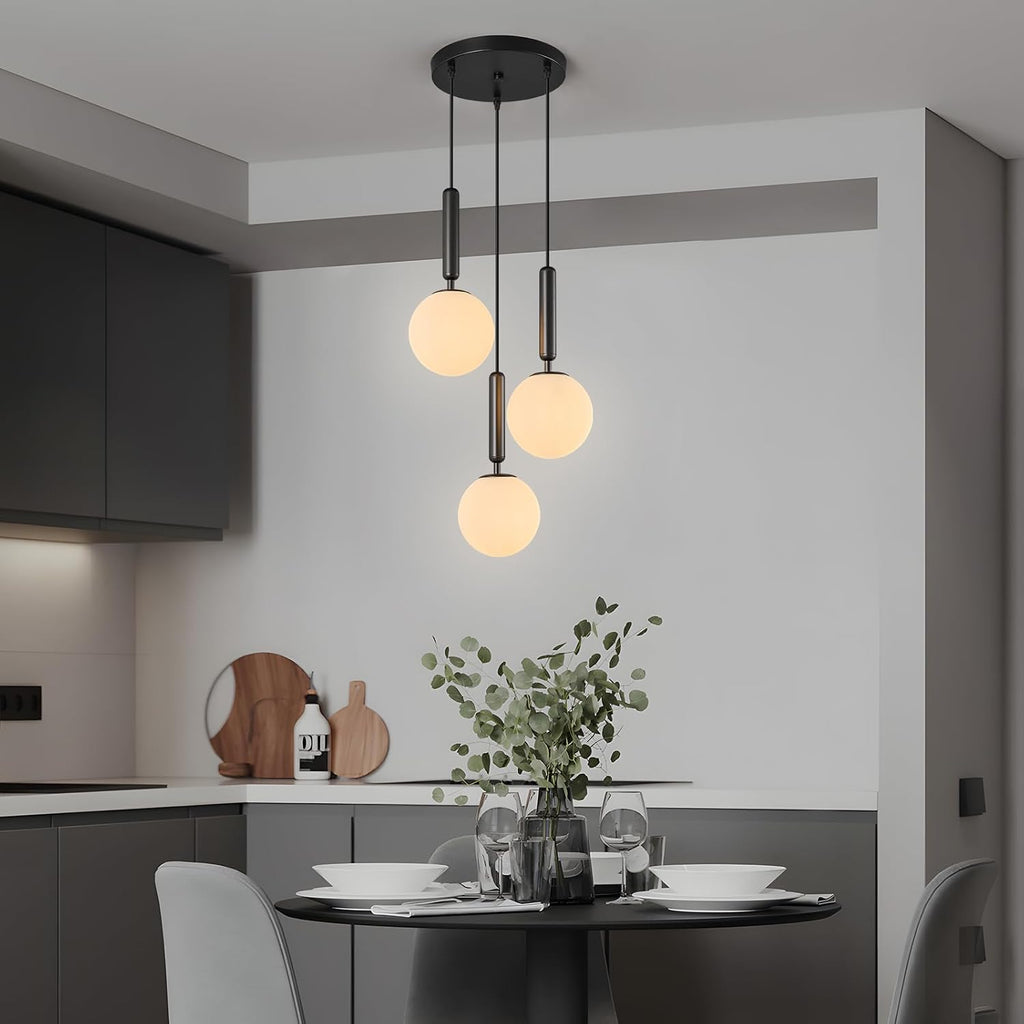 Modern Black Pendant Light Hanging Fixture Light for Kitchen Island Mid Century with Globe Pendant Light Milk White Glass Pendant Lighting for Living Room Bedroom Entryway (3 Lights)