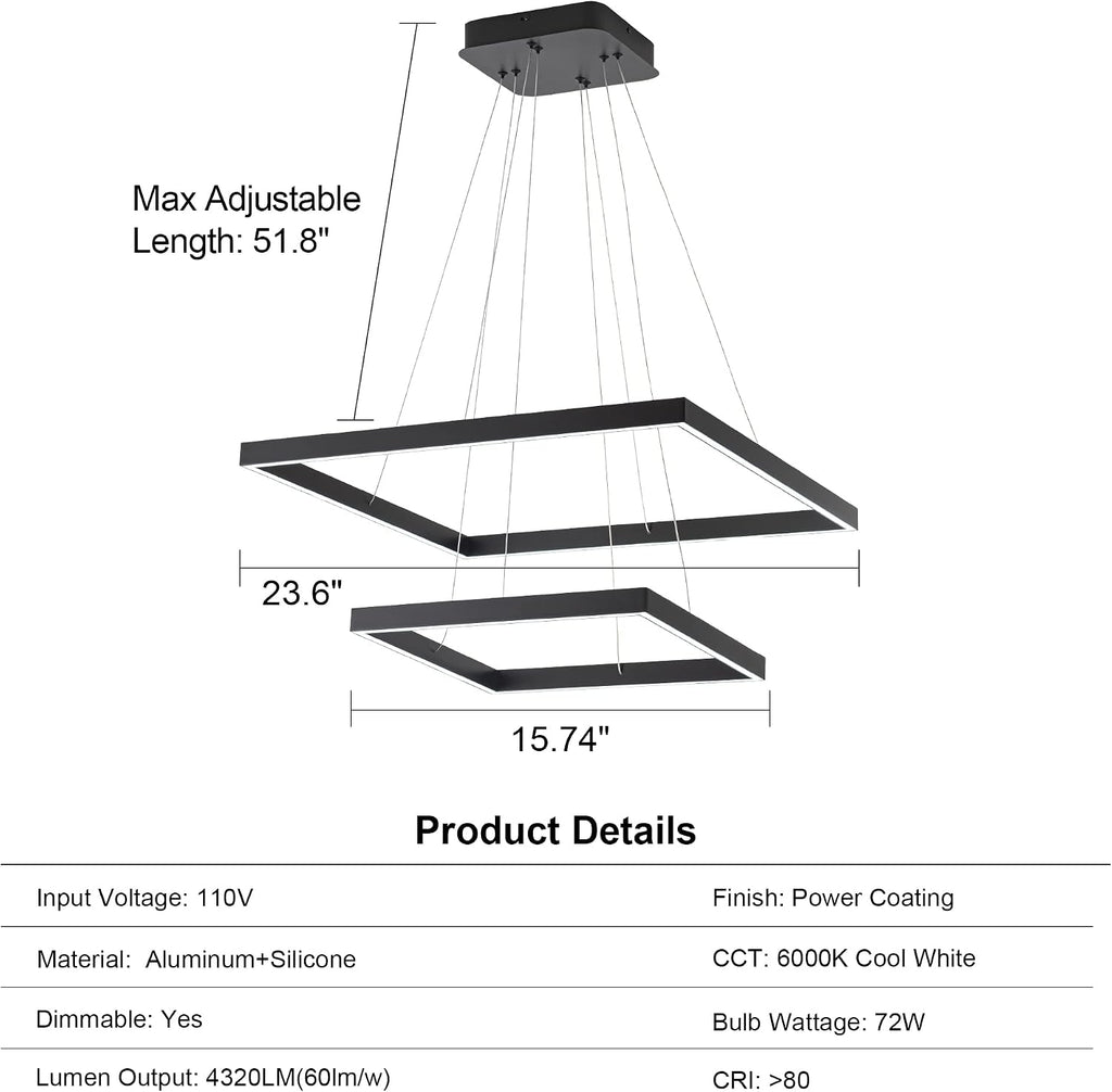 Modern Square LED Chandelier Lighting, Square LED Pendant Ceiling Light Fixture, Dimmable Contemporary Chandelier for Living Dining Room, Bedroom