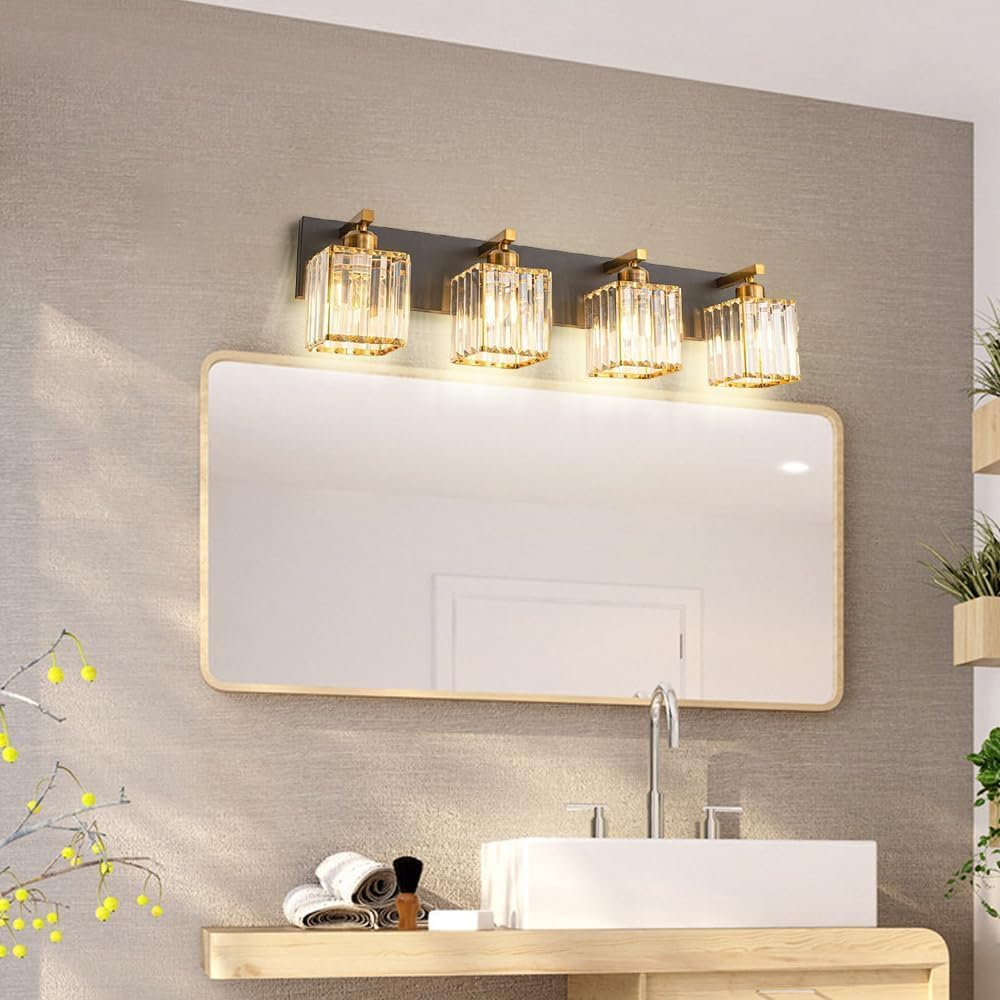 4-Light Antique Bathroom Vanity Lights - Black d Modern Fixtures with Square Clear Crystal Shades, Farmhouse Wall Lamp for Dressing Table & Mirror Lighting.