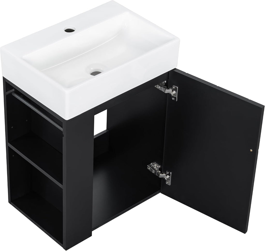 20-inch Bathroom Vanity with Sink Combo, Wall-Mounted Single Storage Cabinet with One Cabinet & Left 2-Tier Storage Shelves, Wooden Vanity with Ceramic Basin for Bathroom, Black